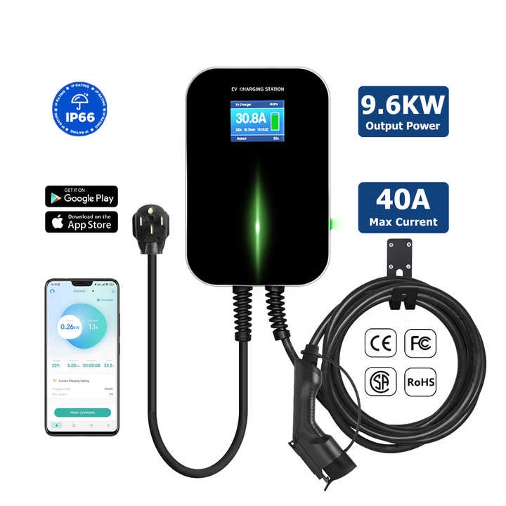OEM 9.6kW Electric Car Charger Station ETL APP Wifi Remote Control CE RoHS 40A EV Wallbox Charger with 20 Feet Cable